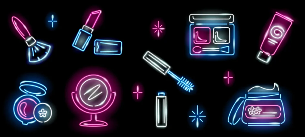 Neon makeup icons on black background